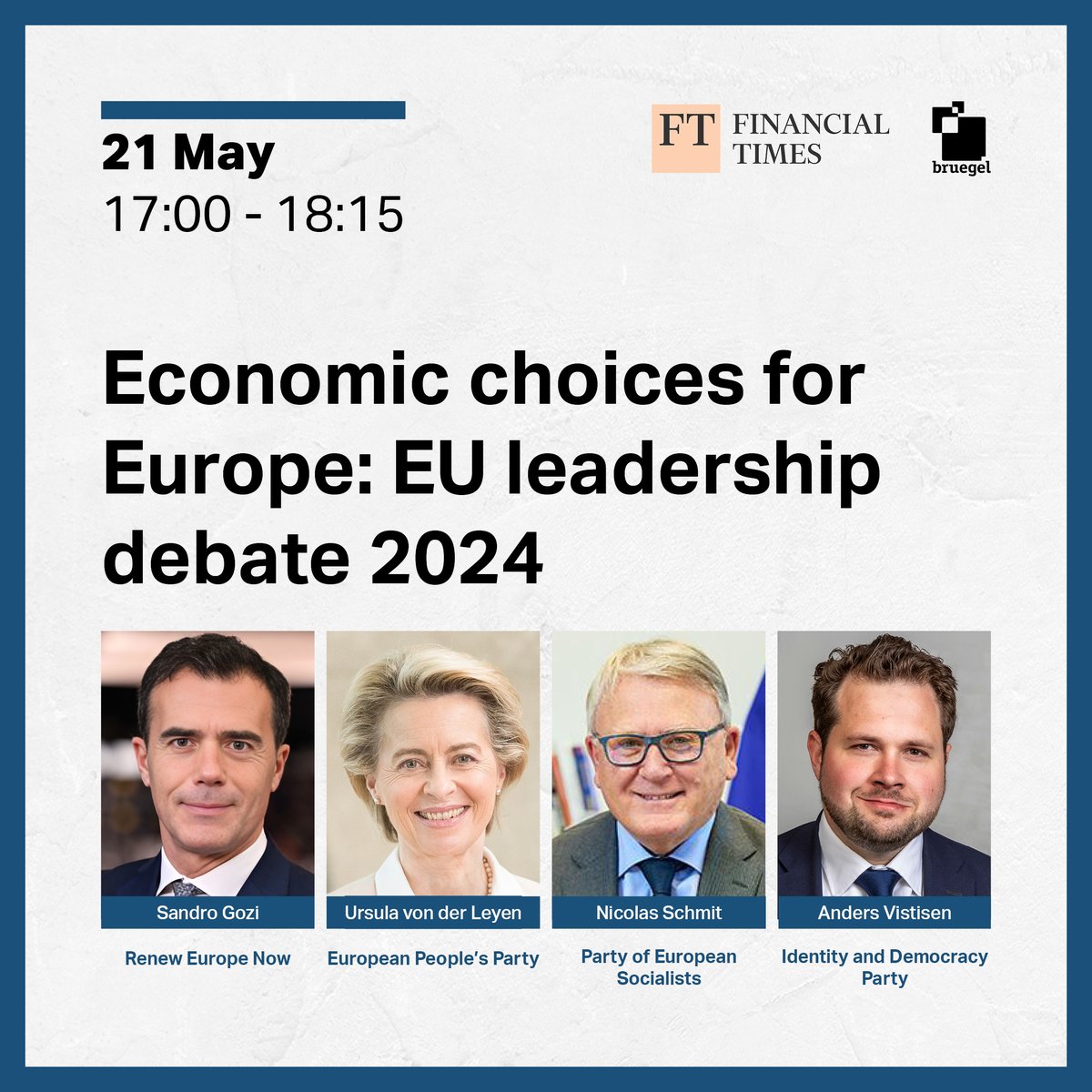 📢Bruegel and @ftbrussels will host a second EU election debate among candidates for the top job in the next Commission featuring: ➡️@vonderleyen_epp ➡️@AndersVistisen ➡️@sandrogozi ➡️@NSchmitPES #Choices4EU Register for the livestream here: bruegel.org/event/economic…