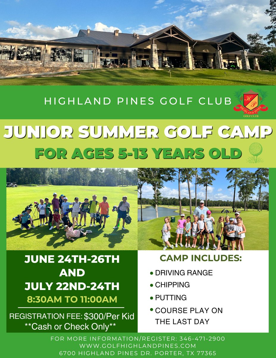 Time to start making Summer Time plans for the kids!🌞 Sign up today for our Junior Summer Golf Camp!⛳🏌🏼‍♂️ 📞Call the golf shop at 346-471-2900 #highlandslife #highlandpines #golf #golftexas #golflife #golfcourse #houstongolf #highlandpinesgolfclub #thehighlands #portertx