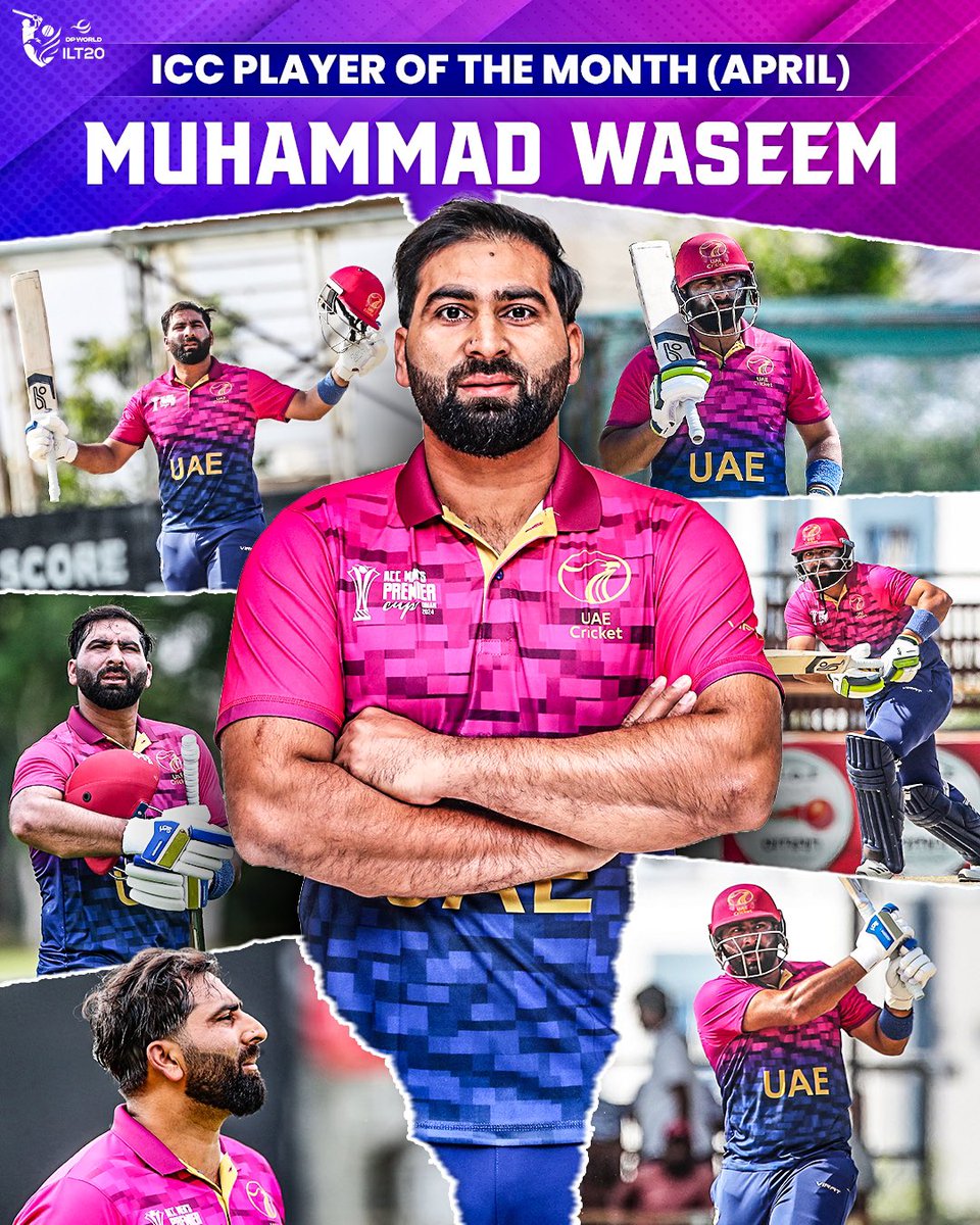 Congratulations to Muhammad Waseem for being named the ICC Player of the Month on the back of his championship-winning performance in the recent #ACCMensPremierCup! 🙌 #DPWorldILT20 #AllInForCricket