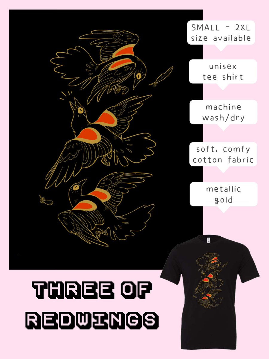 hello! preorders for these open TOMORROW! 👚👕 

two new designs, Midknight Snack and Unistorm!! 🐉🦄 

plus, i'm bringing back Pink Vigilance and Three of Redwings as t-shirts this time! 🦌🦅

preorders will run from 
14may - 21may ✨ 