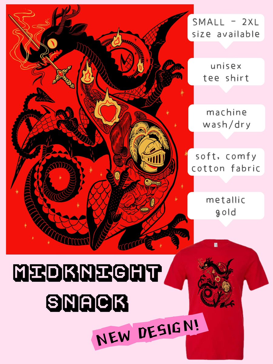 hello! preorders for these open TOMORROW! 👚👕 

two new designs, Midknight Snack and Unistorm!! 🐉🦄 

plus, i'm bringing back Pink Vigilance and Three of Redwings as t-shirts this time! 🦌🦅

preorders will run from 
14may - 21may ✨ 