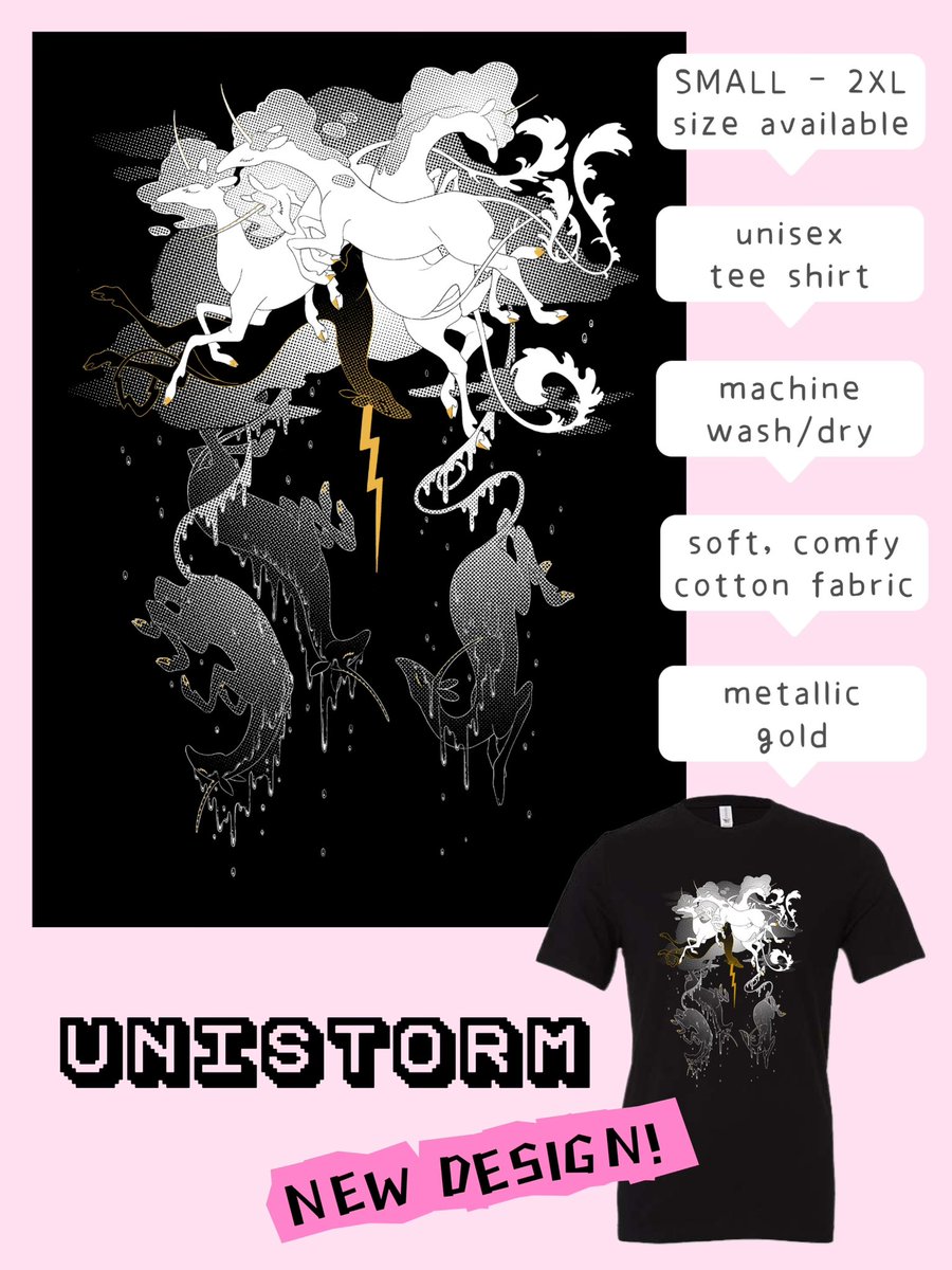 hello! preorders for these open TOMORROW! 👚👕 

two new designs, Midknight Snack and Unistorm!! 🐉🦄 

plus, i'm bringing back Pink Vigilance and Three of Redwings as t-shirts this time! 🦌🦅

preorders will run from 
14may - 21may ✨ 