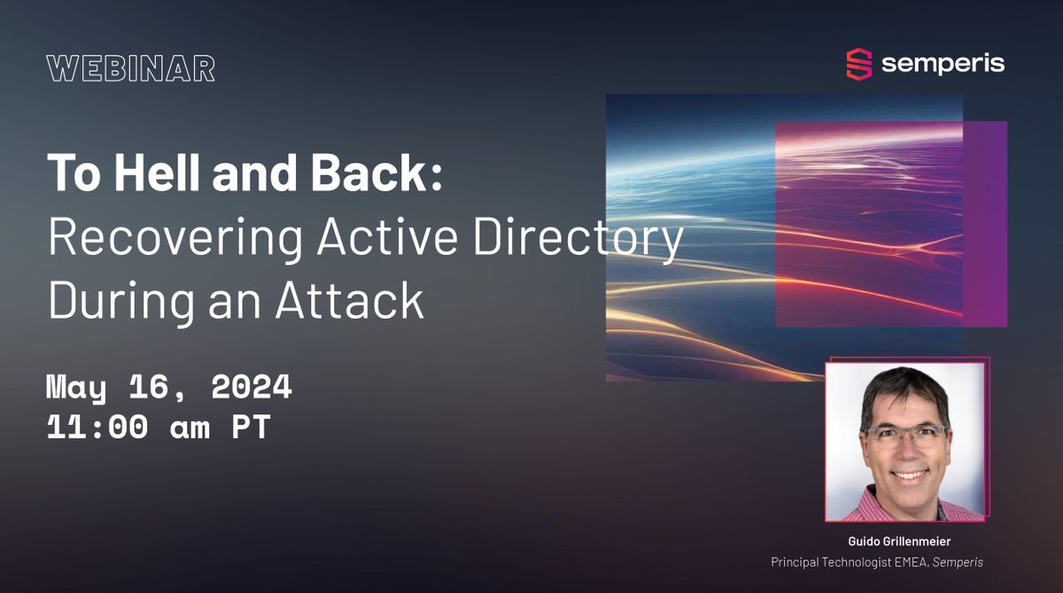 When #AD is down, so is your business. Is Active Directory recovery part of your business resilience plan? Join Principal Technologist Guido Grillenmeier for lessons learned during an incident response and attack intervention. Register today! redmondmag.com/Webcasts/2024/…