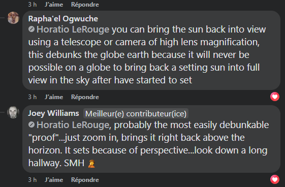 L'argument platiste du jour : Quand on zoome suffisamment sur l'endroit ou le soleil s'est couché, on fait remonter le soleil dans le ciel.

#terrePlate