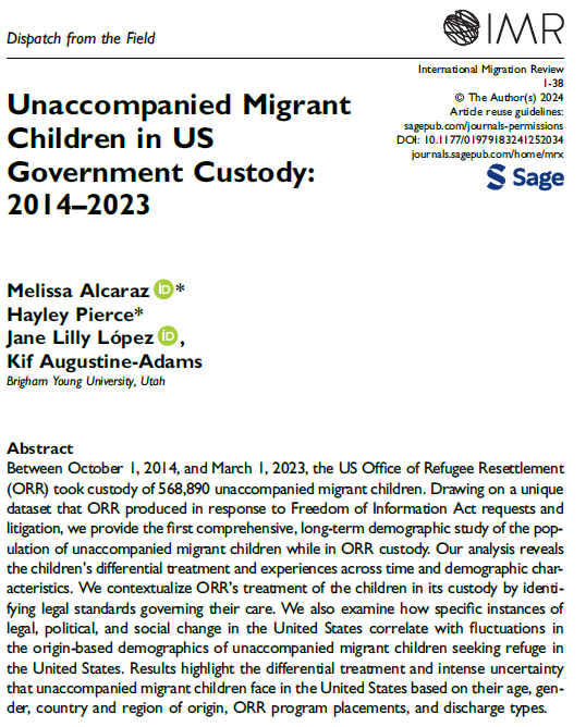 Melissa Alcaraz (@alcmelis) on Twitter photo 🚨NEW: In our <a href="/IMRjournal/">International Migration Review (IMR)</a> article, we use detailed demographic data from the Office of Refugee Resettlement obtained via FOI requests & litigation to provide a demographic profile of unaccompanied minors in ORR custody from Oct 2014 to March 2023. (1/x) doi.org/10.1177/019791… 🚨NEW: In our <a href="/IMRjournal/">International Migration Review (IMR)</a> article, we use detailed demographic data from the Office of Refugee Resettlement obtained via FOI requests & litigation to provide a demographic profile of unaccompanied minors in ORR custody from Oct 2014 to March 2023. (1/x) doi.org/10.1177/019791…