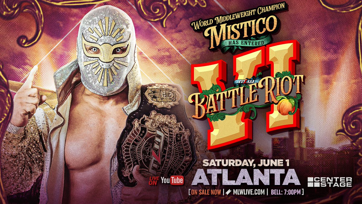 Místico enters MLW Battle RIOT VI in Atlanta, June 1 MLW today announced Místico as a participant in the 40-wrestler MLW: Battle RIOT VI on Saturday, June 1 at Center Stage in Atlanta, GA. Grab tickets at MLWLIVE.com and at Ticketmaster. See Místico live and…