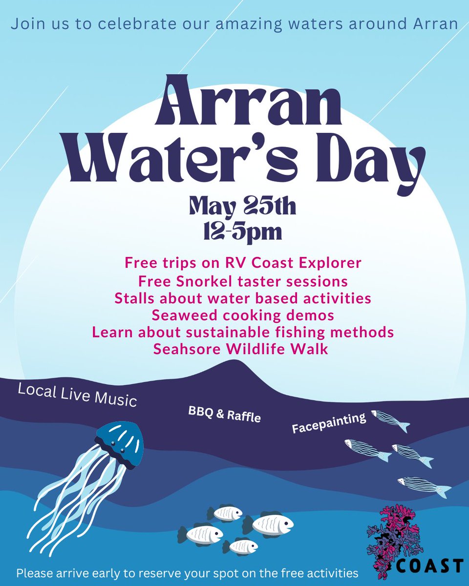 🌊 Dive into Arran Waters Day! 🐠 Join us on Saturday, May 25th at 12pm, for a celebration of our rich marine heritage with water based organisations, clubs and businesses from all around the island. From Sea science trips to seafood talks, there's something for everyone!