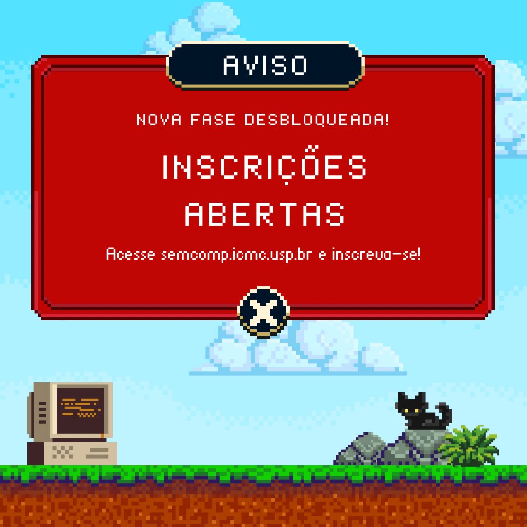 semcomp's tweet photo. 🔓 Nova fase desbloqueada! As inscrições da Semcomp Beta estão abertas🤩

📝 Inscreva-se pelo site da Semcomp (link na bio)! A compra do coffee também está disponível

💻 As vagas para minicursos e outros eventos serão disponibilizadas posteriormente

#semcomp27 https://t.co/s6EZKGstDu