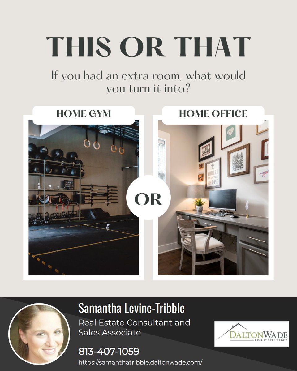 Extra room at your place? Why not make it a modern home gym or a productive home office? 💪🖥️ What's your choice? 

#tamparealestate #tamparealtor #tampabayrays #buccaneers #tampabay #tampalife #floridalife #realestatelife #luxuryrealtor #luxuryrealestate #floridarealtors