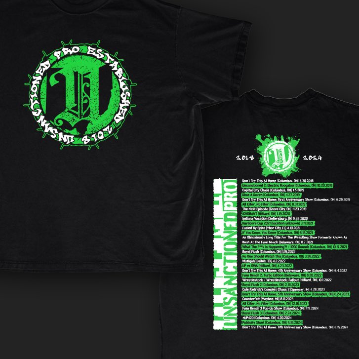 🚨NEW T-SHIRT PREORDER🚨 Commemorate 6 years of Unsanctioned with this new design, available for preorder now through 6/1! S-5X available. Use promo code UP6YEARS to waive shipping and pick up at #UPAnniversary. 👕 614WRESTLING.COM