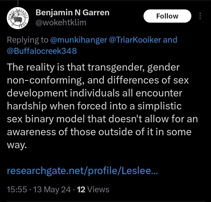 I have something to say about this tweet: ABSOLUTE BOLLOCKS. 

Sex is binary, it's reality, not some fantasy identity. 

Also, stop conflating my medical disorder with unrelated 'causes', it's got nothing to do with being 'transgender' or 'gender'.