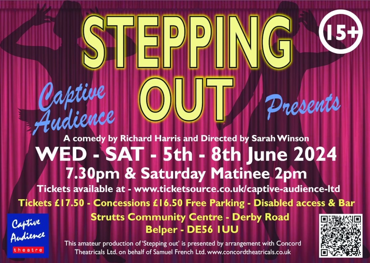 Stepping Out will be presented by Captive Audience at Strutts Community Centre from 05/06/2024 to 08/06/2024 derbyartsandtheatre.org.uk/event/1016