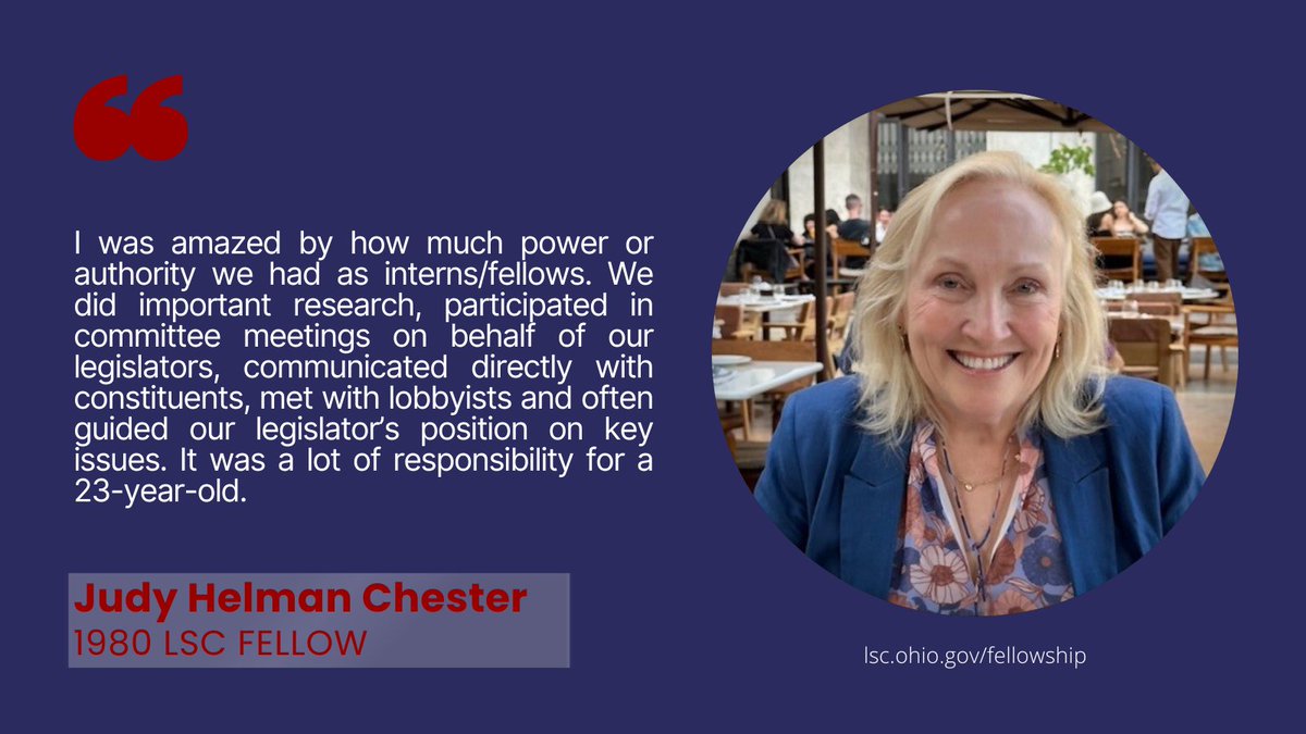 Judy Helman Chester was a 1980 Fellow assigned to House Republican Caucus. She graduated from @mountunion. Judy is now retired following a 30+ year career in PR consulting. Read more: facebook.com/LSCFellowshipP… #lscfellowship #ohio #stategovernment #publicservice #alumnispotlight