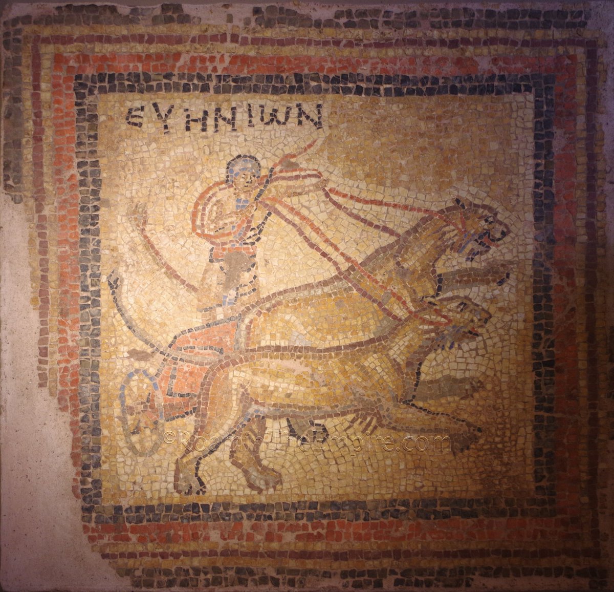 #MosaicMonday, from the Archaeological Museum of Messinia in Kalamata, a mosaic depicting a chariot drawn by panthers. Inscribed above is ΕΥΗΝΙΩΝ, excellent charioteer. From Desillas, dated to the 5th century CE.

#Archaeology #RomanArchaeology #Greece