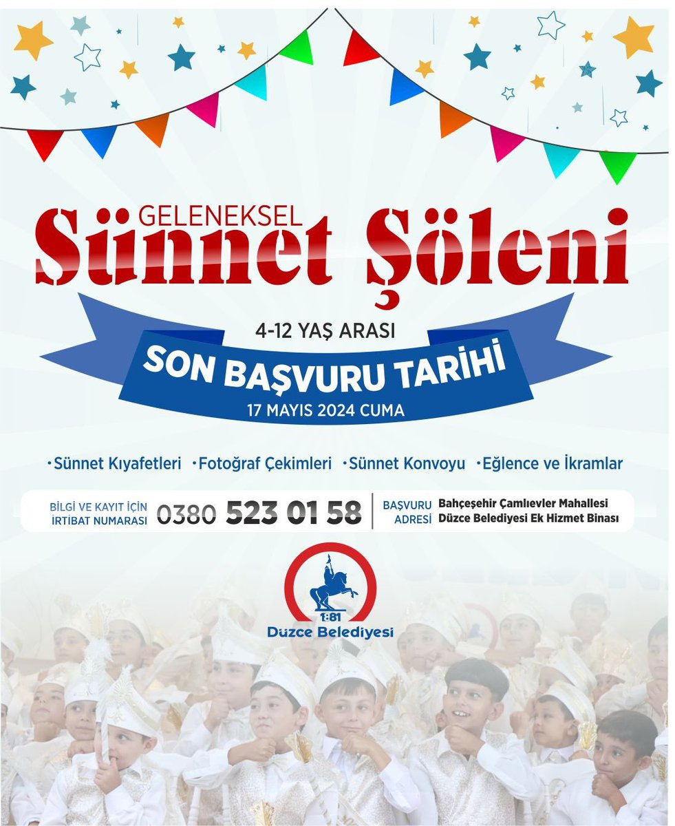 Sünnet Şöleni Kayıtlarımız Devam Ediyor! 🎈 Geleneksel olarak düzenlediğimiz Sünnet Şöleni kayıtlarımız 17 Mayıs Cuma gününe kadar devam ediyor.