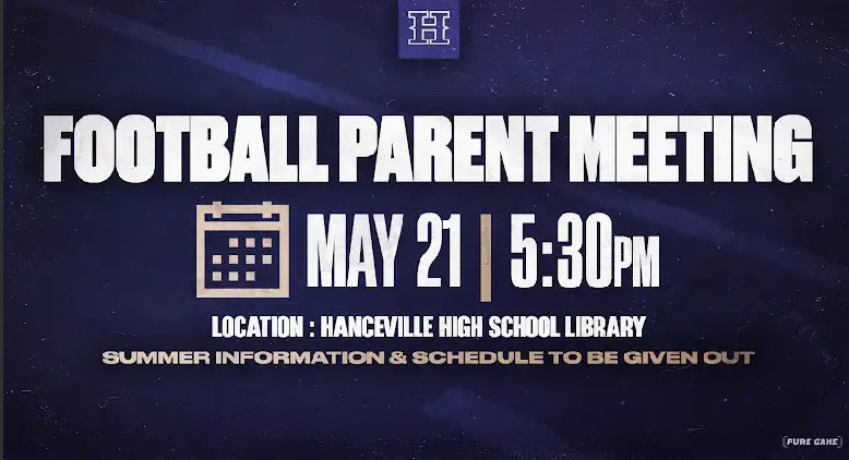 📢Football Parent Meeting next Tuesday May 21st @ 5:30! Lots of information for be given out! Players and parents need to be in attandance! #TheVille