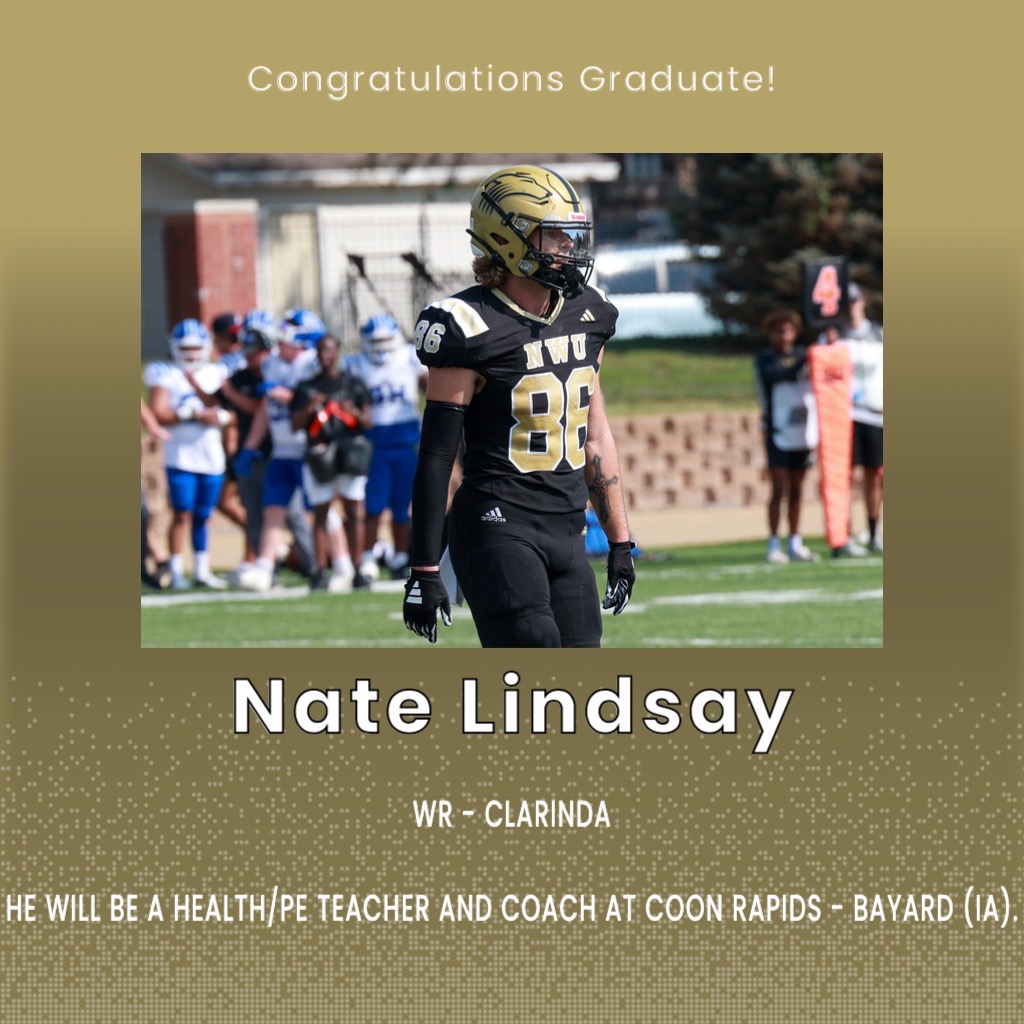 Nate will be a Health / PE Teacher and coach at Coon Rapids - Bayard in Iowa. Nate played WR and is originally from Clarinda (IA). Thank you, Nate!