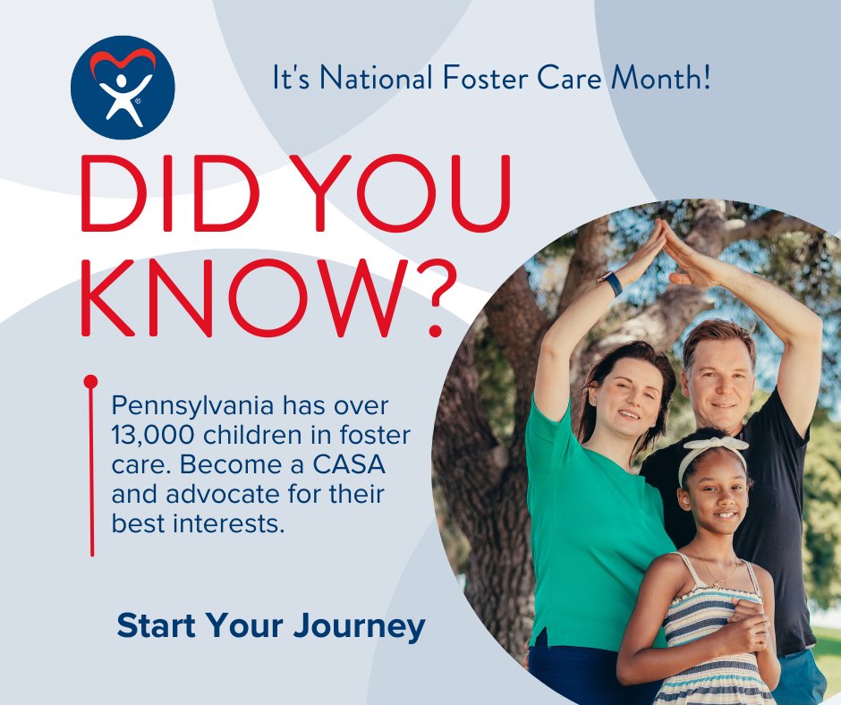 May is National Foster Care Month! CASA volunteers advocate for the best interests of children in foster care and help ensure they find safe, permanent homes. Consider becoming a CASA in Pennsylvania and making a positive impact in a child’s life!