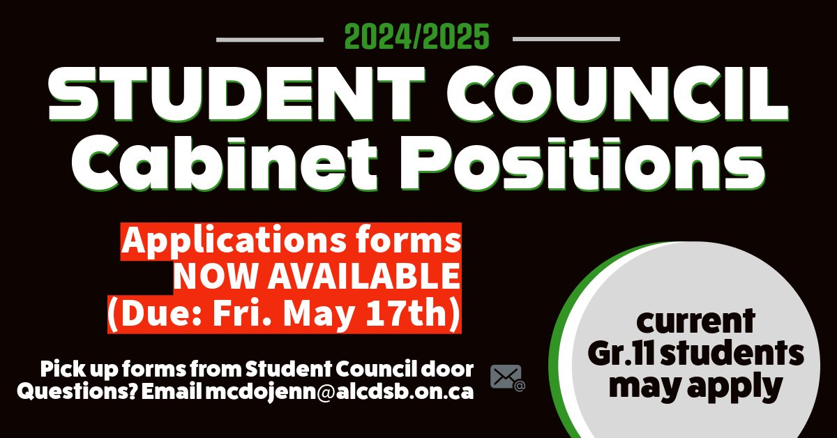 Interested in being a part of Student Council next year as a Cabinet member? Application forms are now available. Pick up a form from the Student Council office door. Successful applicants will be interviewed next week!