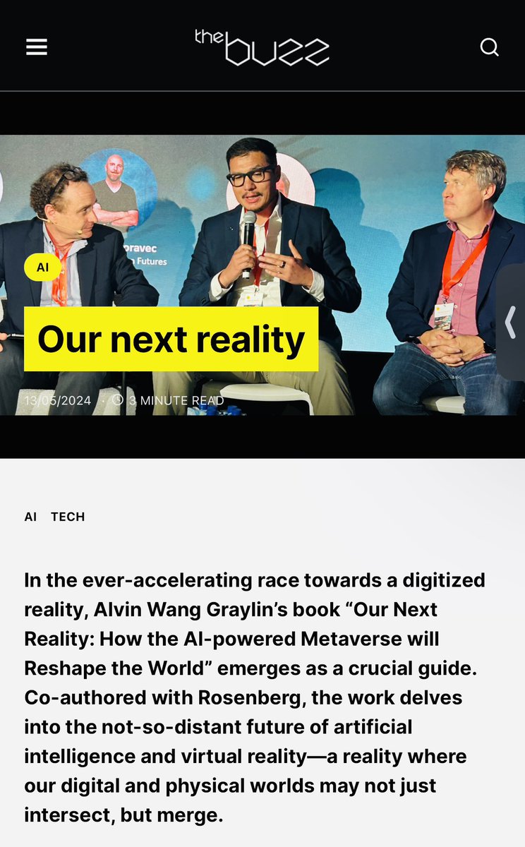 Was a pleasure speaking with @SianGoddard of #TheBuzz last week in Madrid. 
Here’s her review of #OurNextReality. 📖

👇
thebuzzbusiness.com/tech/our-next-…

@NB_Publishing @HachetteBooks #AI #XR #metaverse @LouisBRosenberg