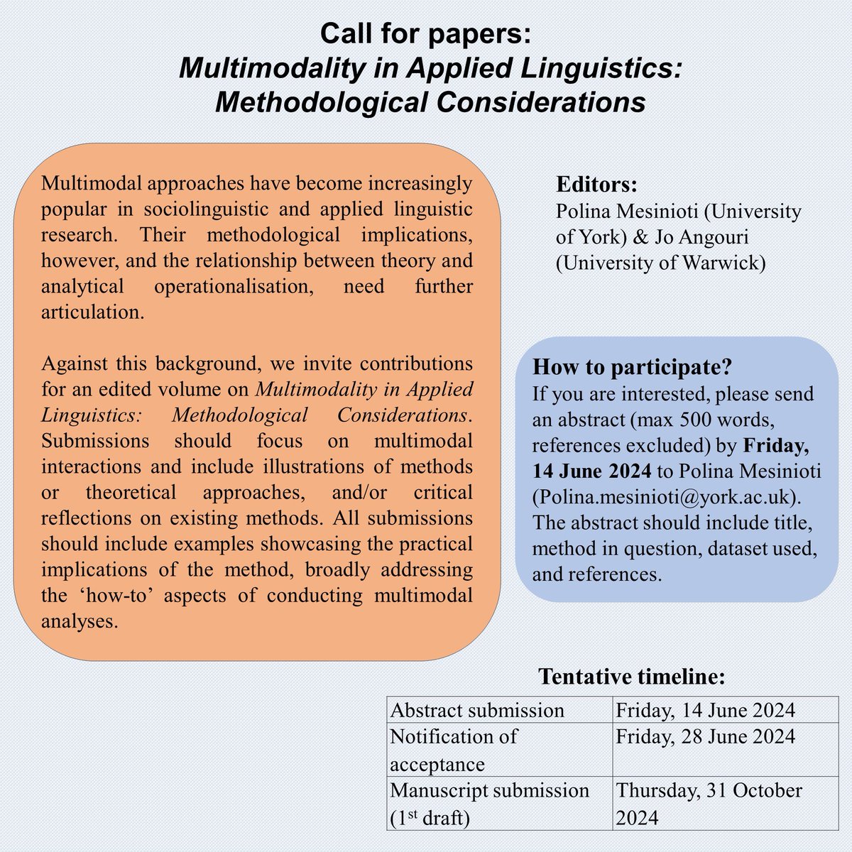 mesinioti's tweet image. Call for papers 📢📢📢
#Multimodality in Applied Linguistics: Methodological Considerations 

Deadline for abstracts: 14 June 2024
Get in touch if you&apos;d like to see the detailed CfP or have any questions ☺️