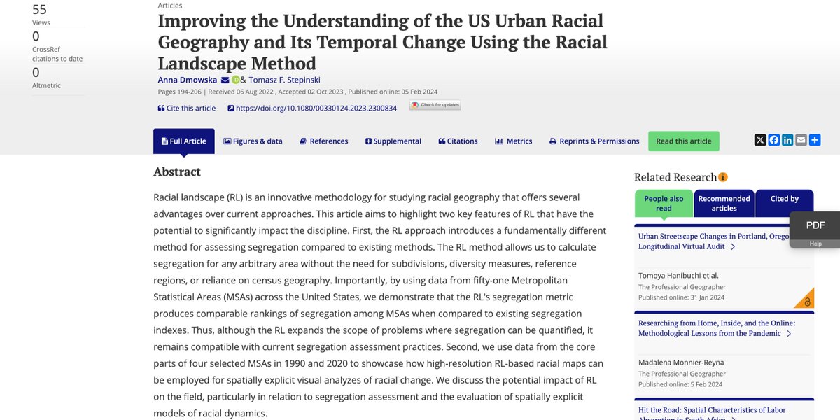 Dmowska and Stepinski introduce Racial Landscape (RL), offering a novel approach to studying racial geography, enabling seamless segregation assessment and spatially explicit racial change analysis. bit.ly/4bhH6g6