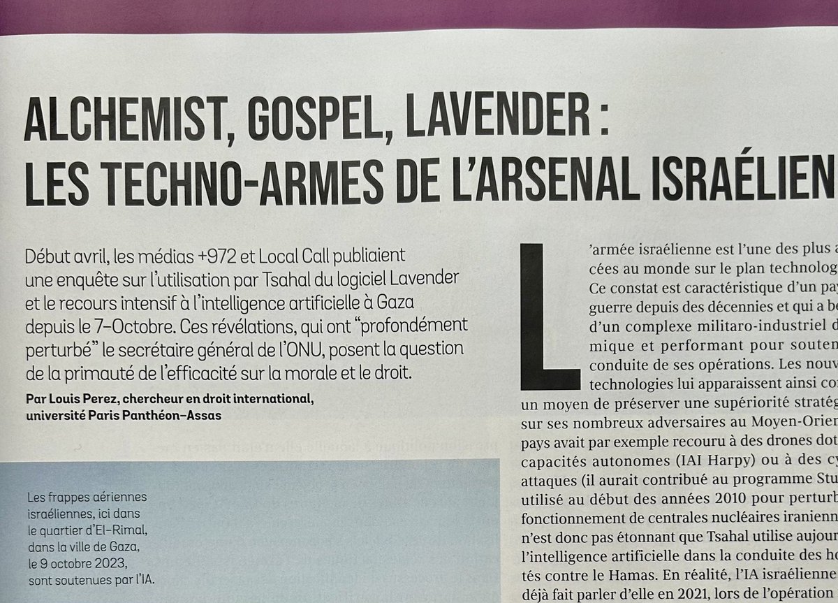 Mon article sur l’IA militaire israélienne dans le <a href="/Courrier_Atlas/">Le Courrier de l'Atlas</a> 🤖⚔️👨‍💻
Quels usages ? Que dit le droit ? Quelles conséquences sur les prochains conflits ?