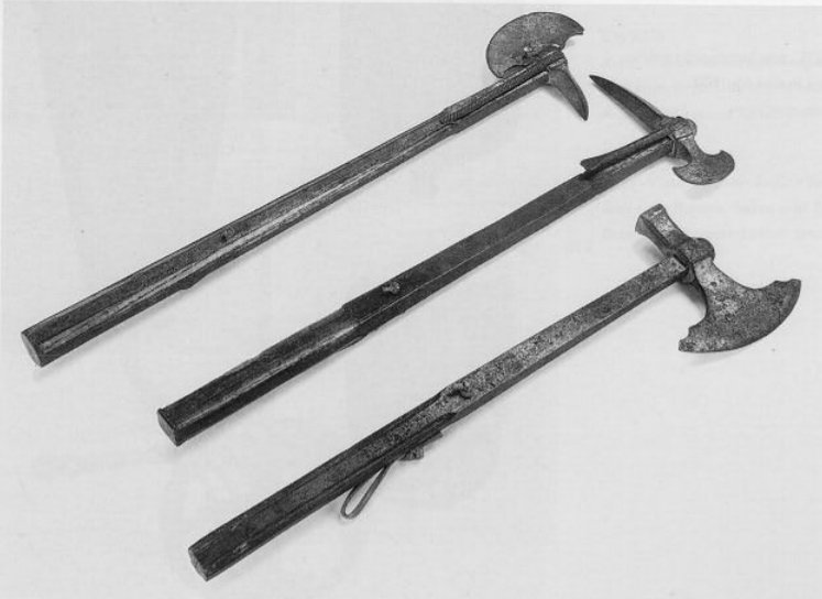 A group of 3 Horseman's #Axes, #Germany, ca. 1525-1540, housed at #CastleChurburg. #weapons #hre #holyromanempire #renaissance #art #history