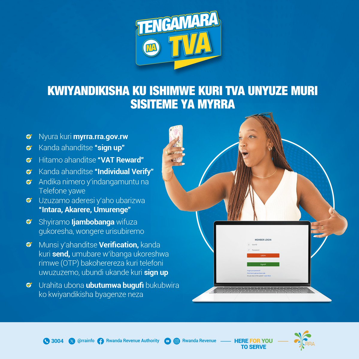 Waba waramaze kwiyandikisha mu bahabwa ishimwe kuri TVA? Ushobora kwiyandikisha unyuze ku rubuga rwa MyRRA: myrra.rra.gov.rw/basic/login/in… #Tengamara_na_TVA #SabaFagitireyaEBM