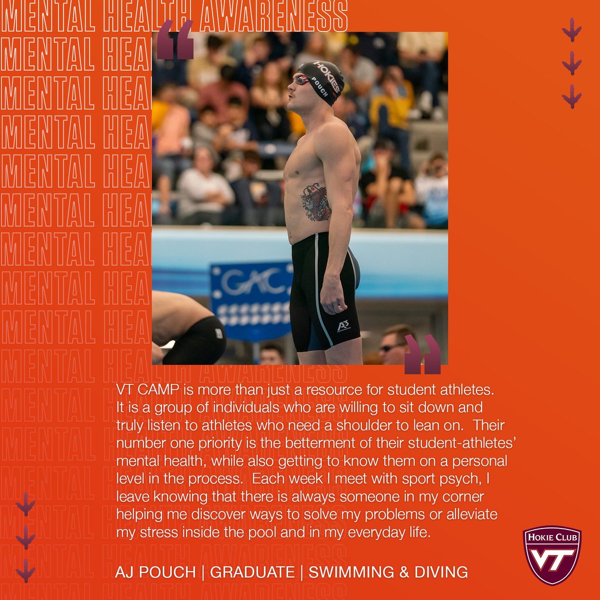 Making an impact, in and out of the pool 🏊 AJ Pouch had high praise for the Counseling and Athletic Mental Performance team at Virginia Tech. Support CAMP: vthoki.es/XUu43