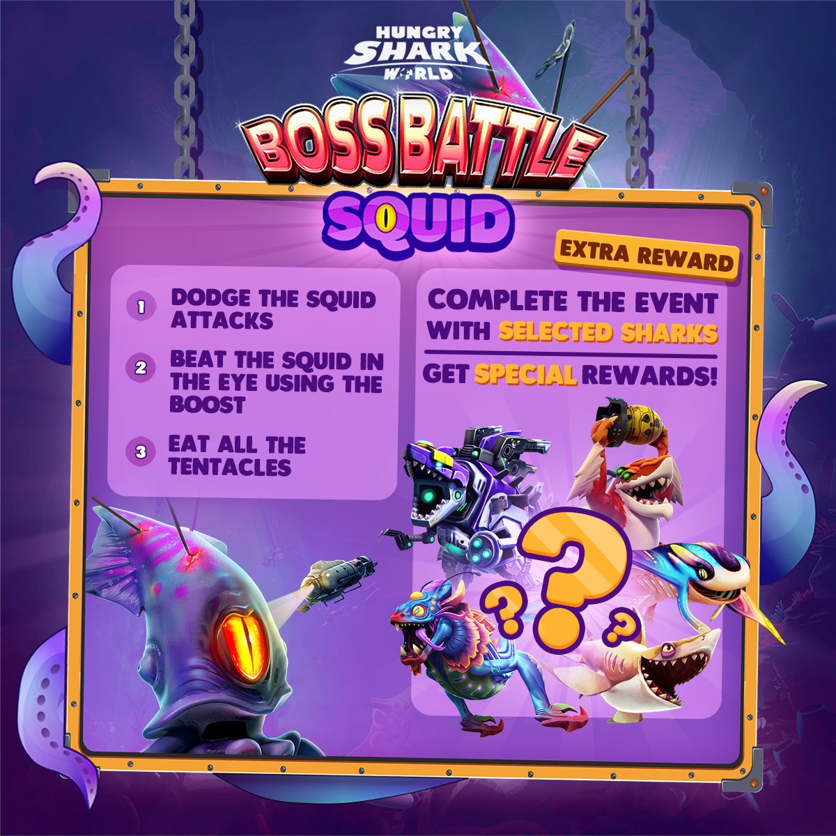 The battle of the COLOSSAL SQUID BOSS 🦑can be tricky and thus, we bring a guide of tips for this liquid event💥 1: Dodge all incoming attacks🕺 2: Use the boost to launch into its eye👁️ 3: Chomp down on its tentacles💪 #HSW #HungrySharkWorld #ColossalSquidBoss #BossBattle