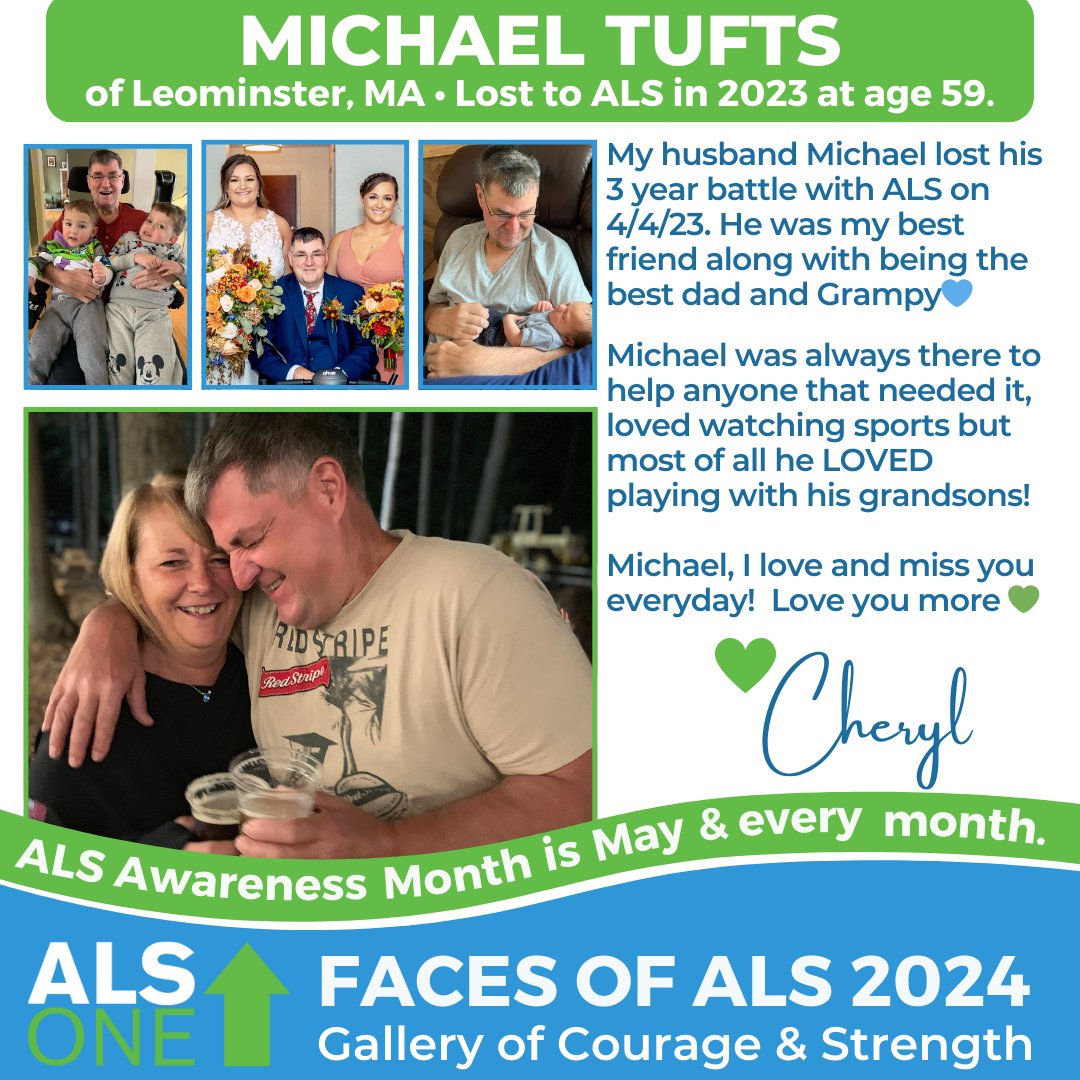#ALSawarenessMonth #FacesOfALS: Michael Tufts, lost to ALS at 59. He lost his 3-year battle on 4/4/23. He was the best husband, dad & Grampy. He was always there to help anyone, loved watching sports & LOVED playing with his grandsons! Submit your tribute bit.ly/FOALS24