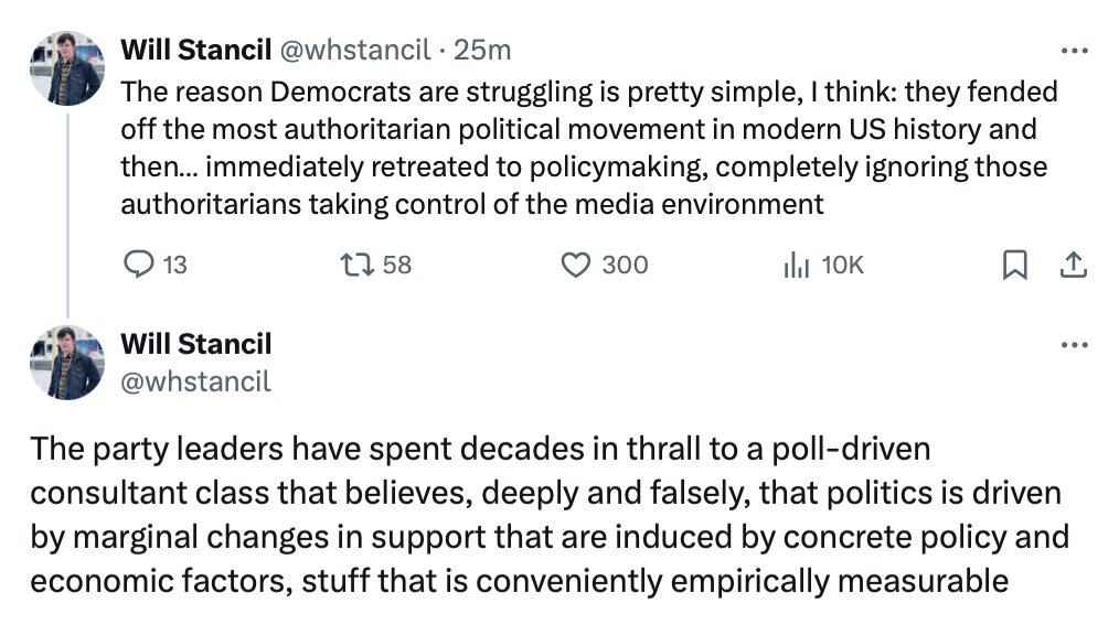 First tweet is correct, second tweet is crazy. 

The focus on the policymaking isn't driven by the 'poll-driven consultant class' it's driven by the people who demand policy change! 

Ask yourself who would be mad if Biden hadn't done ambitious policymaking? Not consultants!