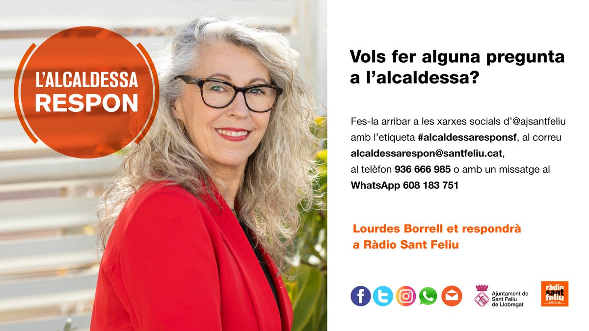 🗓️ El dimarts 21 de maig, de 18 a 19 h, torna el programa 'L'alcaldessa respon', amb @BorrellSF a @Radio_SantFeliu 🤳Envia la teva pregunta a alcaldessarespon@santfeliu.cat, al WhatsApp 608183751 o fes un tweet amb #alcaldessaresponsf #santfeliu ℹ️: shorturl.at/dhHO2
