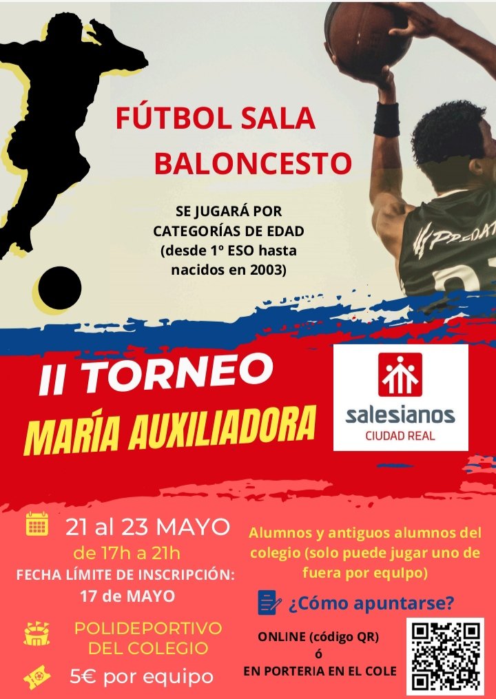 ⚽🏀Torneo Maria Auxiliadora 2024 ⚽🏀

La semana que viene tendremos nuestro 2º torneo de fútbol sala y baloncesto 

Apúntate !! #SalesianosCiudadReal #UnSueñoparaTi