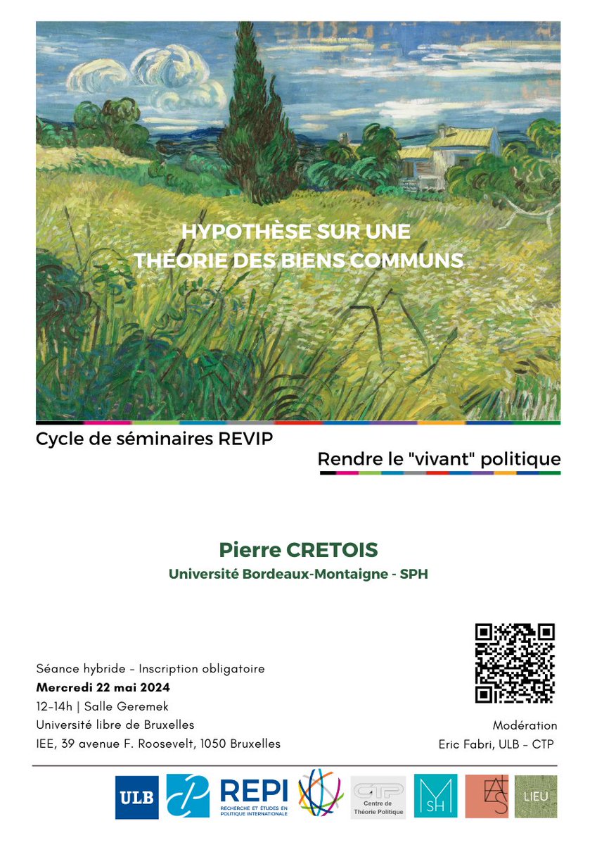 [Activité]
Le <a href="/REPI_ULB/">REPI</a> vous invite au séminaire:
«Hypothèse sur une théorie des biens communs».

Avec Pierre Crétois (Université Bordeaux-Montaigne)

Mercredi 22 mai à 12h00
Salle Geremek
Avenue F. Roosevelt 39
1050 Bruxelles