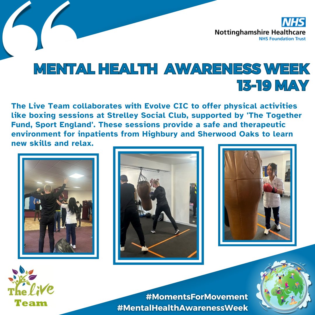 For #MentalHealthAwarenessWeek, patients & colleagues move more for mental health. @TheLiveTeam_ & @evolvenotts bring boxing sessions to patients made possible by The Together Fund, @Sports_England. Great sessions to learn new skills & unwind in a safe space. #MomentsForMovement