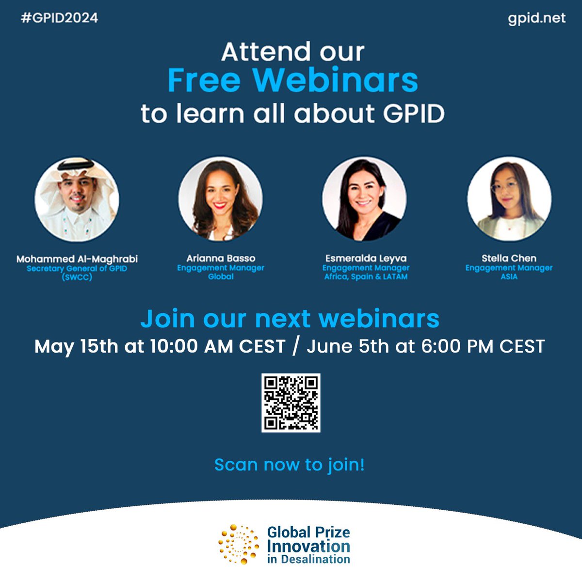 🚀 Excited about the #GPID?
Join our free webinars to get all the insights you need before the submission deadline! Stay tuned for the special guests reveal...🌟

Scan the QR code or click here 👉 gpid.net/webinar/ to register and secure your spot!

#Water #Desalination