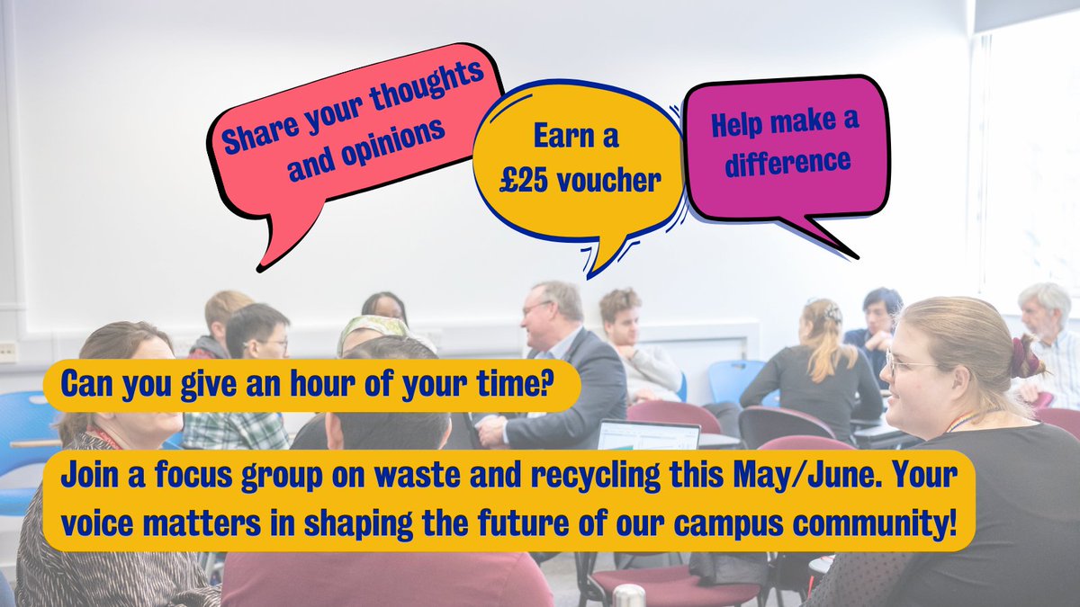 Do you want to share your thoughts, opinions and ideas - and earn £25 for your time?! 💰💭 Sign up to one of our staff or student focus groups and help us build a more sustainable campus!🌱 Each focus group will be in person, and will last 1 hour. 👇 forms.office.com/e/CaZKbkv3Fg