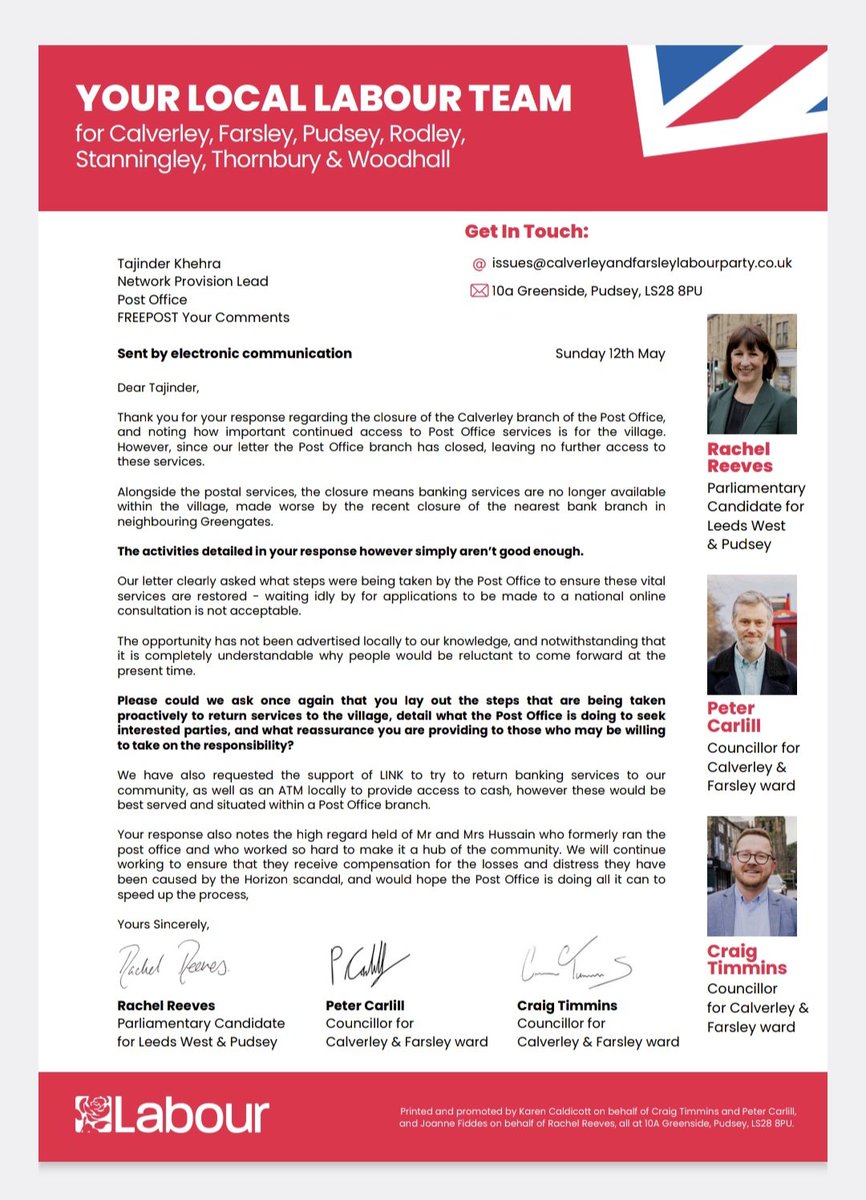 I want to ensure that Calverley is not left without vital Post Office services. The response we have received so far from the Post Office does not go far enough. Read our joint letter back to the Post Office below @petercarlill @CalFarCraig