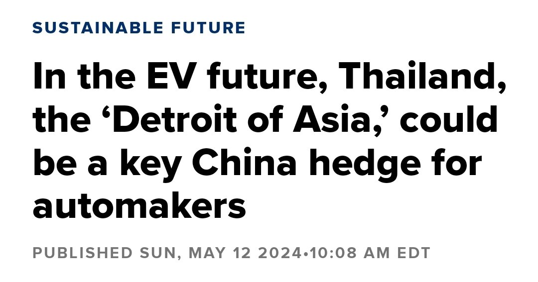 'More attention is now being paid to the vast potential of Asia beyond #China...In addition to its well-known interest in #India, #Tesla is taking a closer look at #Thailand, the EV capital of SE Asia, where green mobility is rapidly gaining traction' cnbc.com/2024/05/12/wit…