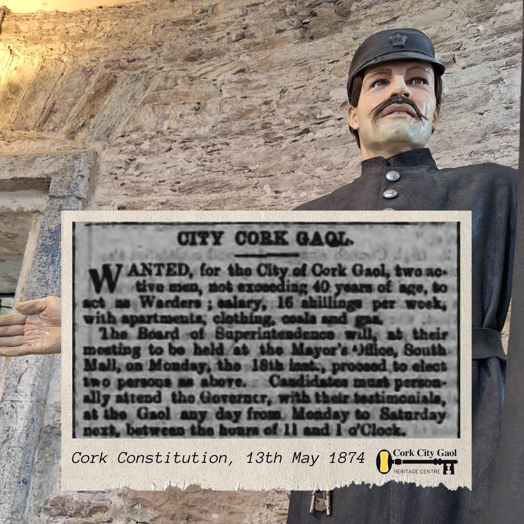 On this day, 150 years ago, in 1874: Cork's Constitution newspaper published an advertisement for two new warders to join the staff of Cork City Gaol 🗝️ #corkcitygaol #historybehindbars #purecork #irelandsancienteast #VisitCork