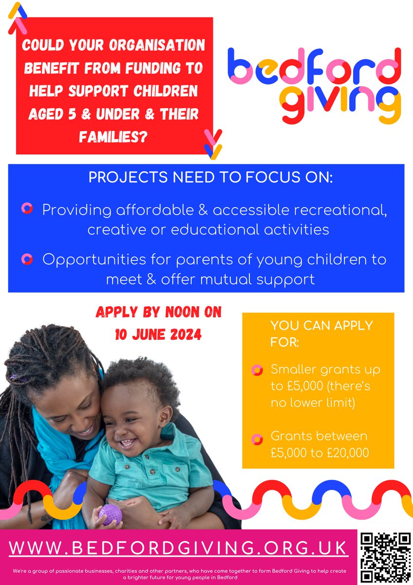 Could your organisation benefit from a grant to help support children aged five and under and their families? We have £80k worth of grants for local groups and organisations to apply for. 
Find out more at bedfordgiving.org.uk/apply-for-a-gr…
#GiveGetGrow #Grants #GrantFunding #Support