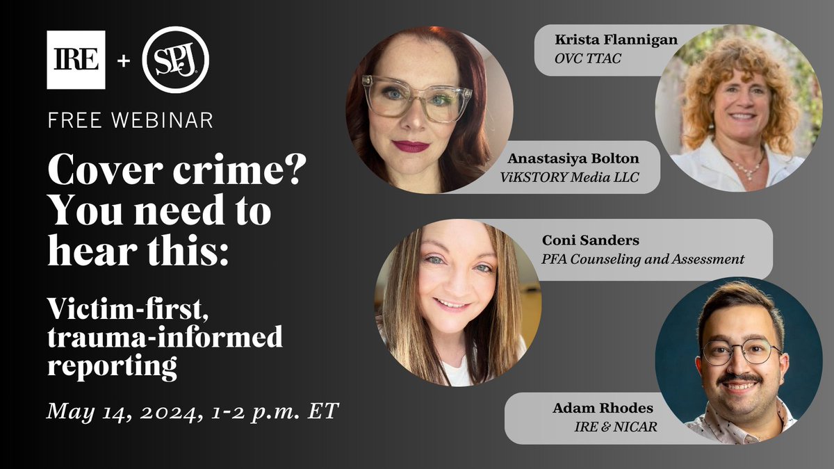 📢 Happening tomorrow: Let’s find ways to inform without hurting, to advocate without re-traumatizing, and to talk to people in pain that may help them heal — versus leaving more agony in our wake. SPJ presents this webinar with <a href="/IRE_NICAR/">Investigative Reporters & Editors</a> at 1 p.m. EDT: spj.org/webinar-trauma…