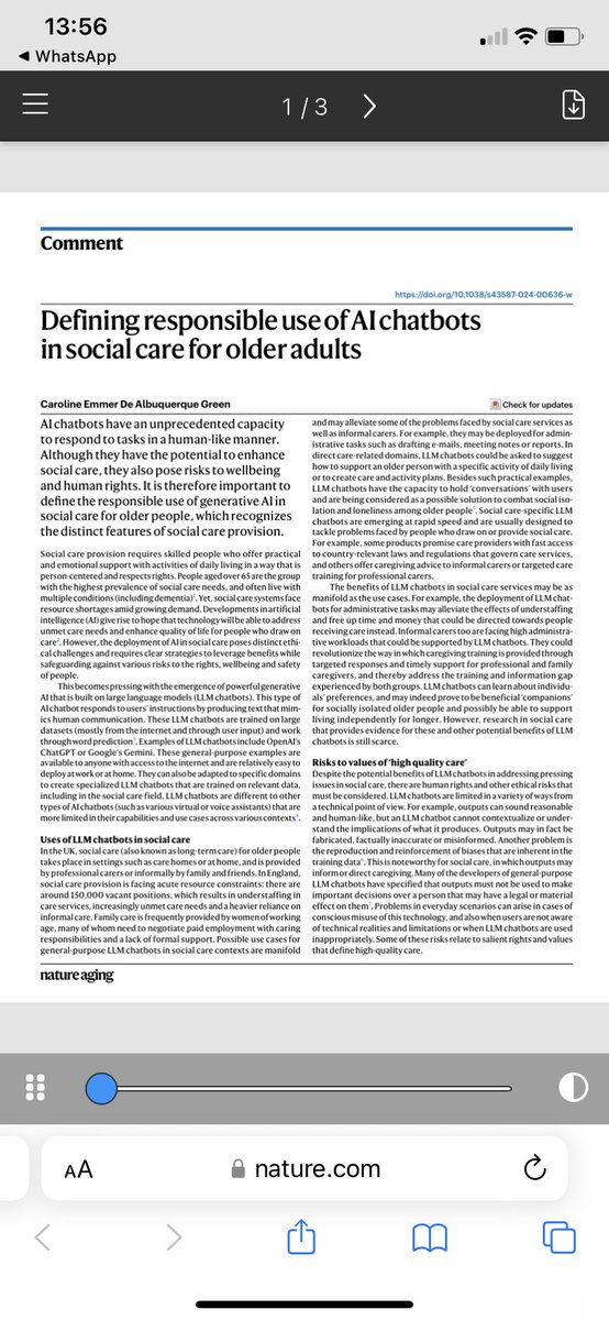 I am sharing some initial thoughts on chatbots in social care in this paper in Nature today. Also really looking forward to co-hosting a careworkers‘ roundtable on Friday on this topic to with @CareWorkersFund and @ReubenCollege nature.com/articles/s4358…