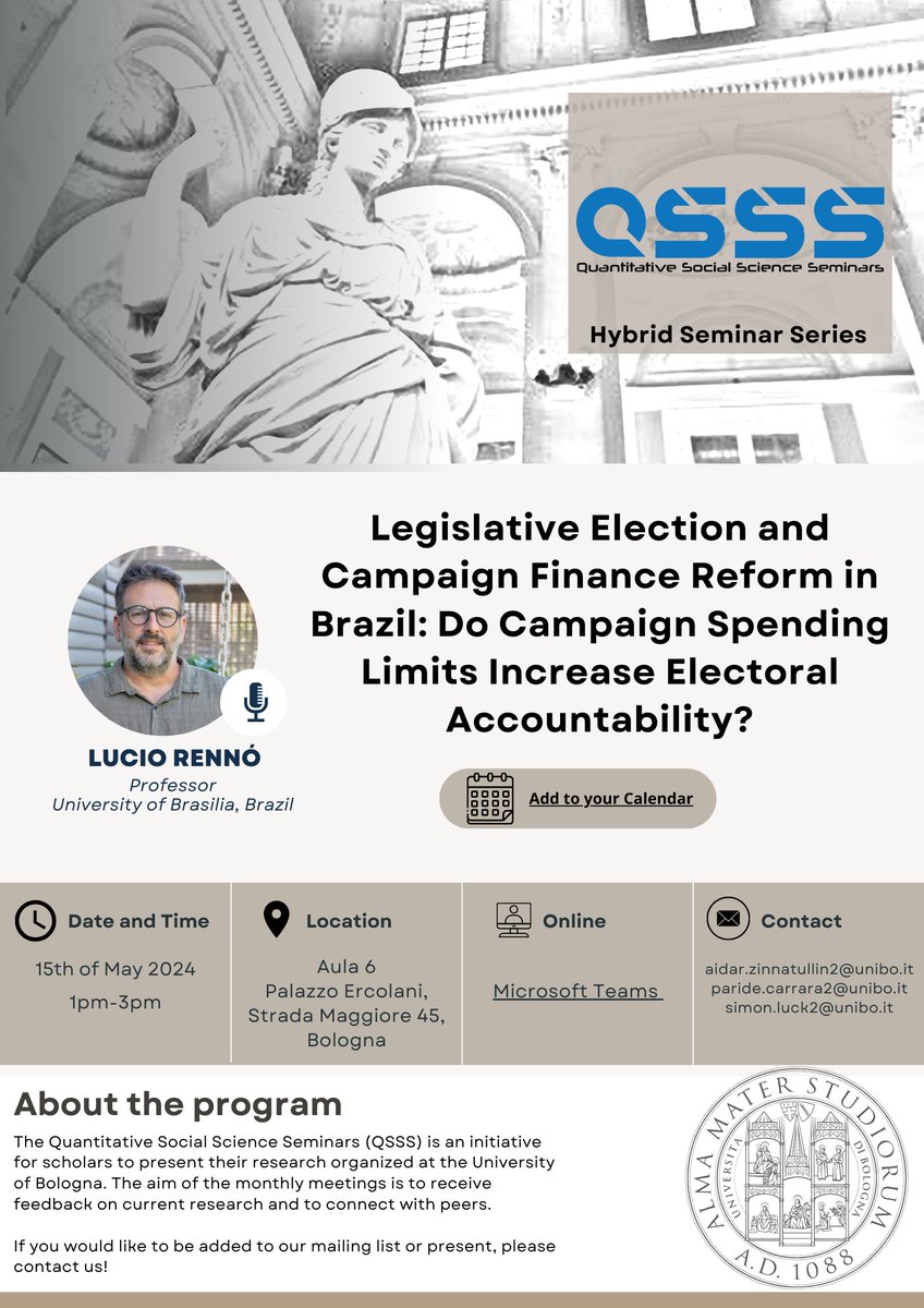 Paride Carrara (@paridecarrara) on Twitter photo 📢Excited for our next QSSS seminar at the Department of Political and Social Science
<a href="/Unibo/">Università di Bologna</a>! Join us for an insightful session with
<a href="/LucioRenno/">Lucio Renno</a> (University of Brasília) presenting his research on how campaign spending limits can influence electoral accountability.#polisci #unibo 📢Excited for our next QSSS seminar at the Department of Political and Social Science
<a href="/Unibo/">Università di Bologna</a>! Join us for an insightful session with
<a href="/LucioRenno/">Lucio Renno</a> (University of Brasília) presenting his research on how campaign spending limits can influence electoral accountability.#polisci #unibo