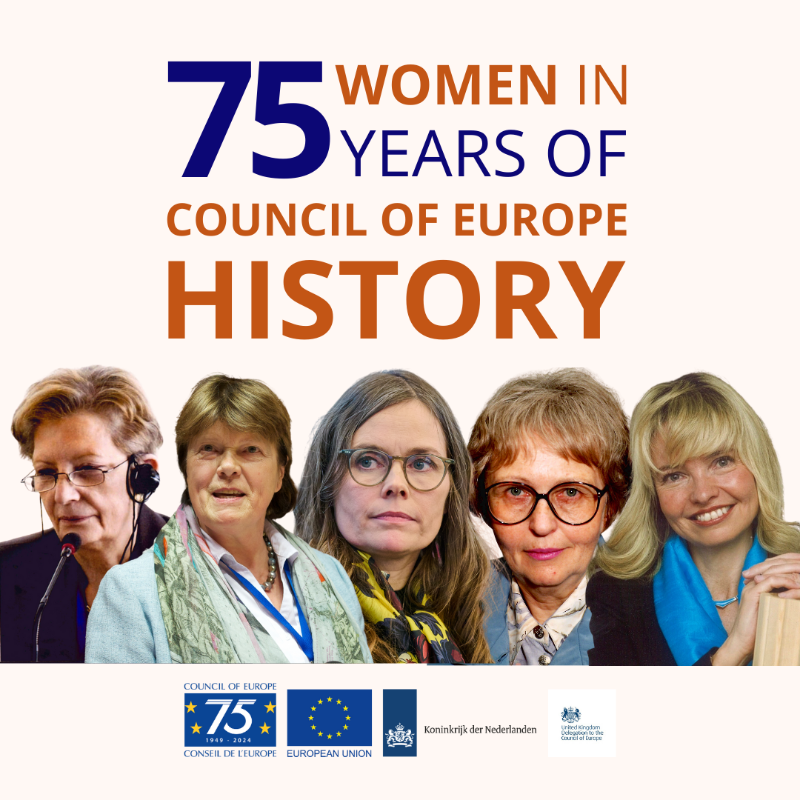 coe's tweet photo. To coincide with the ministerial conference, a focus on women who have served on the Committee of Ministers: Katrín Jakobsdóttir, Marta Vilardell, Eva Mitrová, Ann-Marie Nyroos and Renate Wohlwend, member of @PACE_News.
#Coe75Women in cooperation with @UKDelCoE @NLatCoE @EUDELCoE