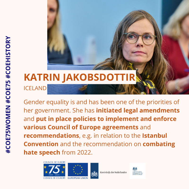 coe's tweet photo. To coincide with the ministerial conference, a focus on women who have served on the Committee of Ministers: Katrín Jakobsdóttir, Marta Vilardell, Eva Mitrová, Ann-Marie Nyroos and Renate Wohlwend, member of @PACE_News.
#Coe75Women in cooperation with @UKDelCoE @NLatCoE @EUDELCoE