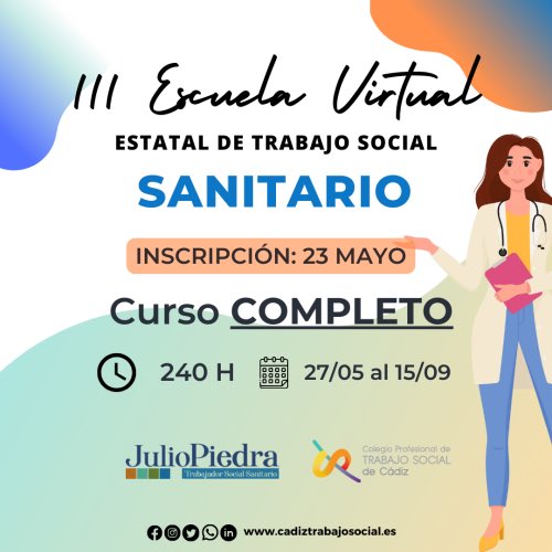 A disfrutar del Trabajo Social Sanitario con la III Escuela Virtual estatal de Trabajo Social sanitario! 
👉Formación totalmente online (a tú ritmo).
👉Acreditada el ata bolsas de empleo y oposiciones.
👉240 horas.
👉Plazas limitadas!

Más inf👉 cgtrabajosocial.es/cadiz/eventos/…