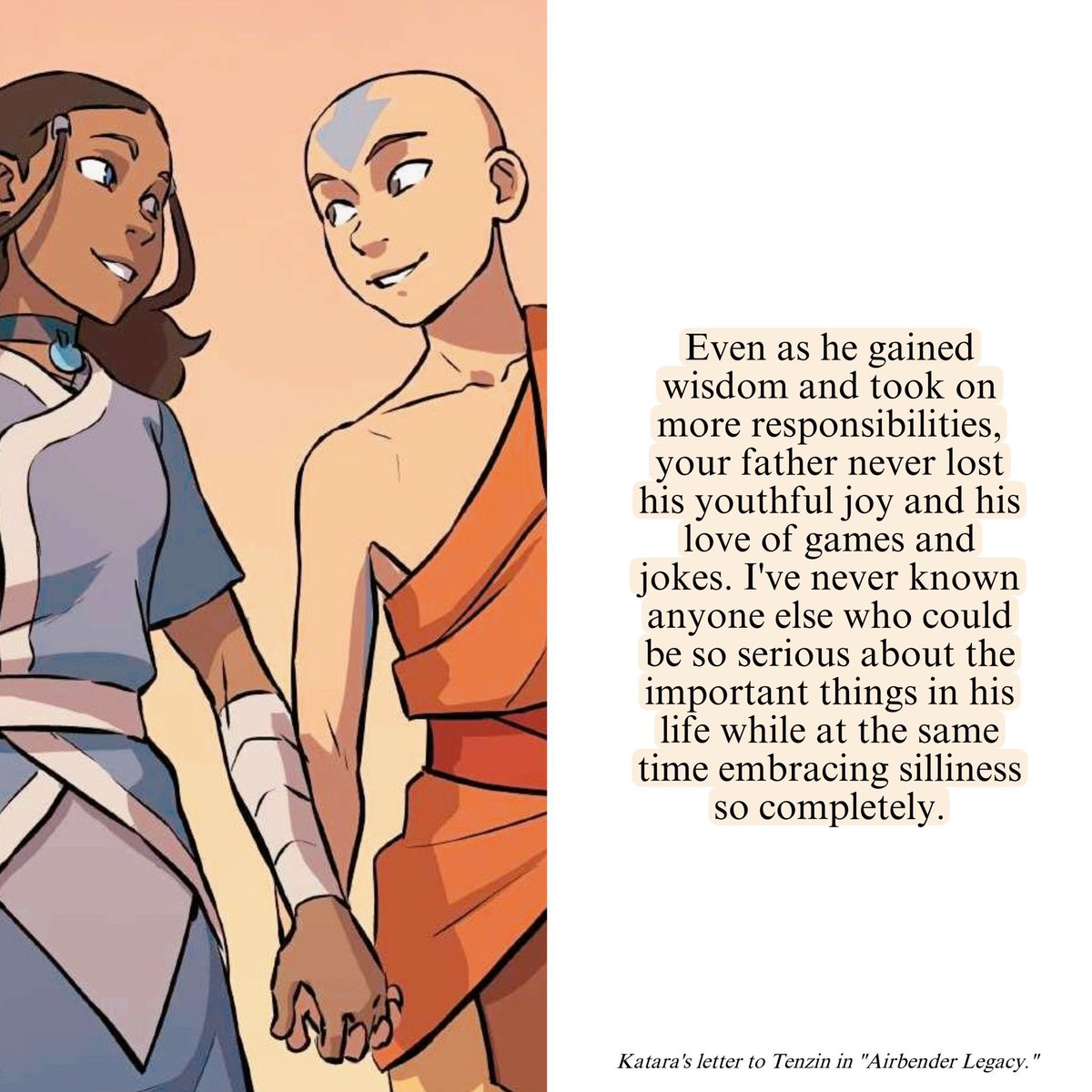 “kataang is bad” aang tells their five year old son that he remembers the kiss that began their relationship “like it was yesterday” and katara tells their five year old son that she fell in love with aang’s youthful joy & his ability to bring fun back in her life.